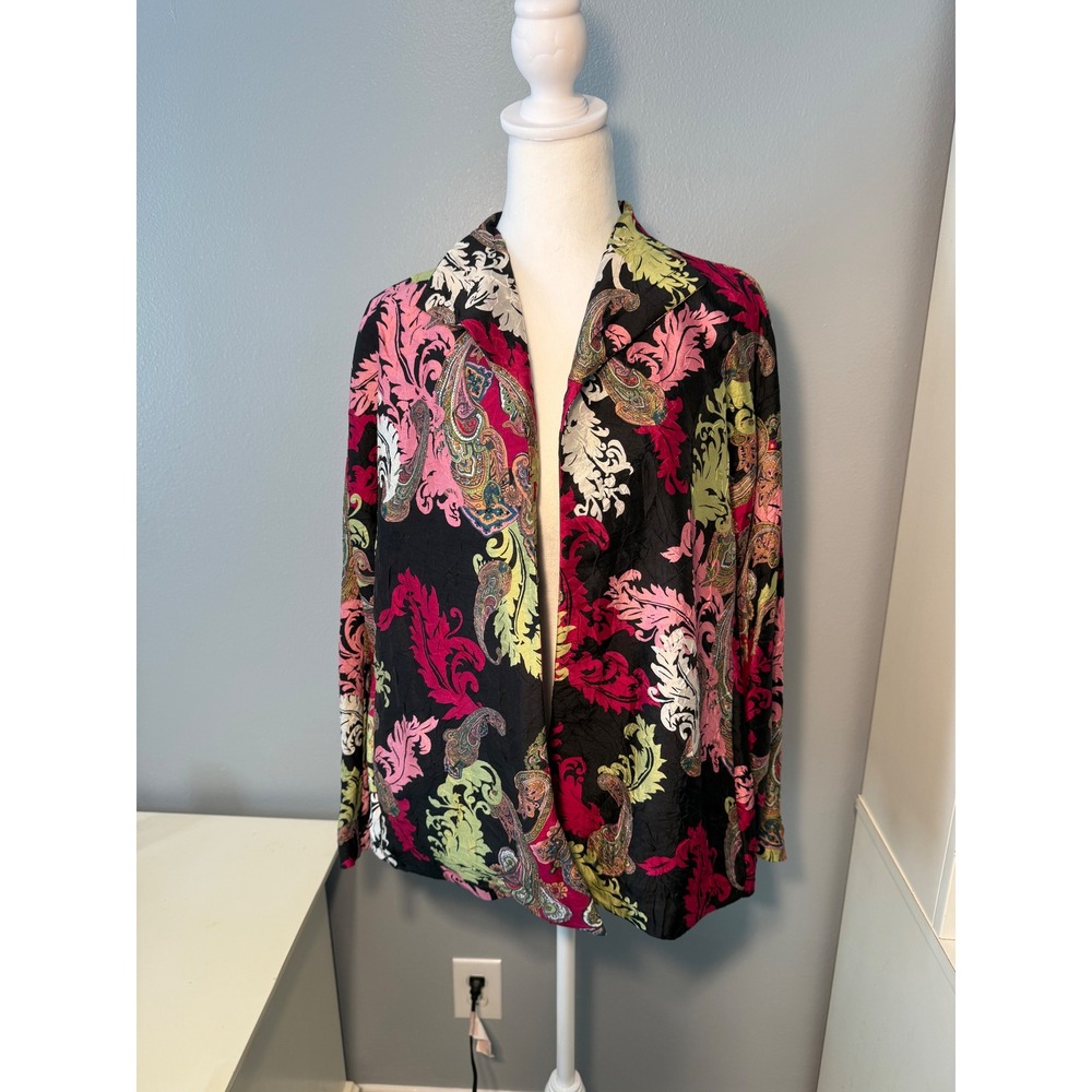 GO SILK Black Pink Green Paisley Print Lightweight Open Front Jacket Size S